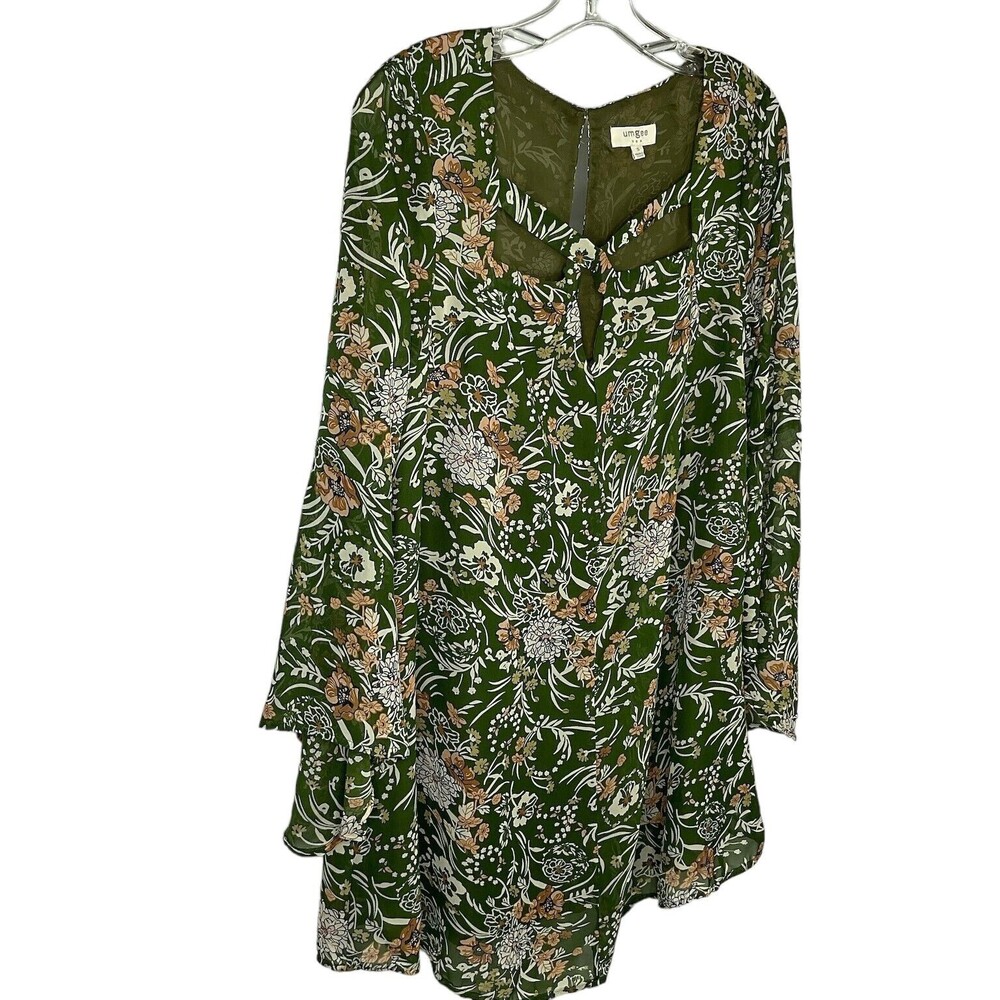 Umgee Dark Floral Bell Sleeve in Olive Green Dress Long Tunic Lined Size S - Picture 3 of 10